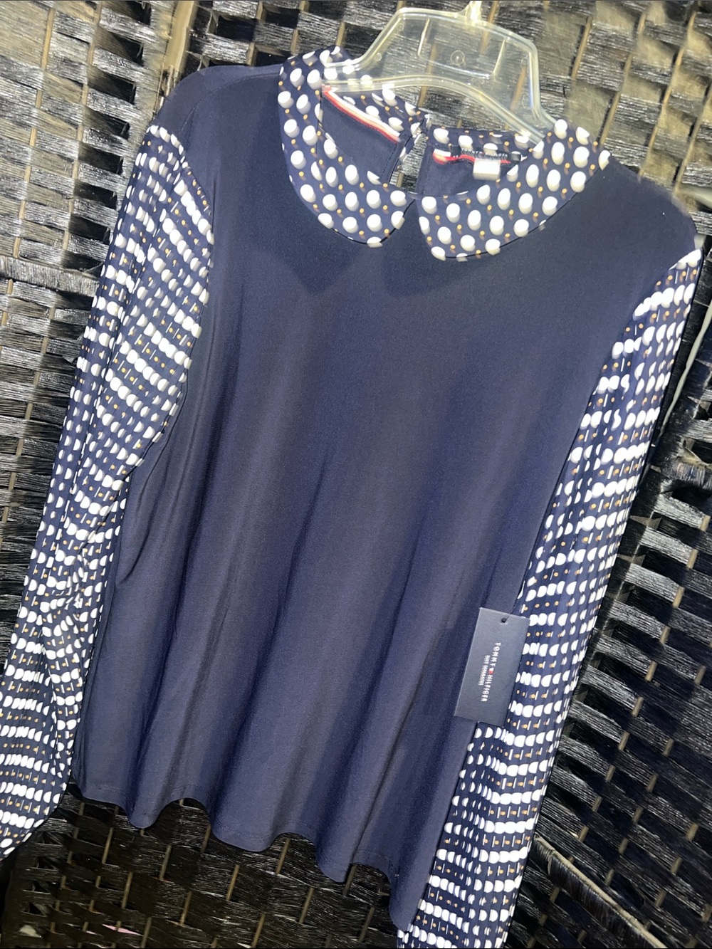 Tommy Hilfiger navy blue Long-Sleeve Top with White Polka-Dot Collar & Sleeves